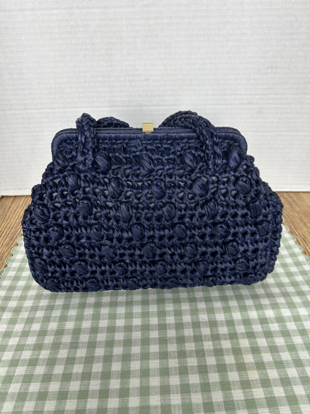 Vintage Navy Straw Clutch Bag with Braided Handle Gold Snap Closure